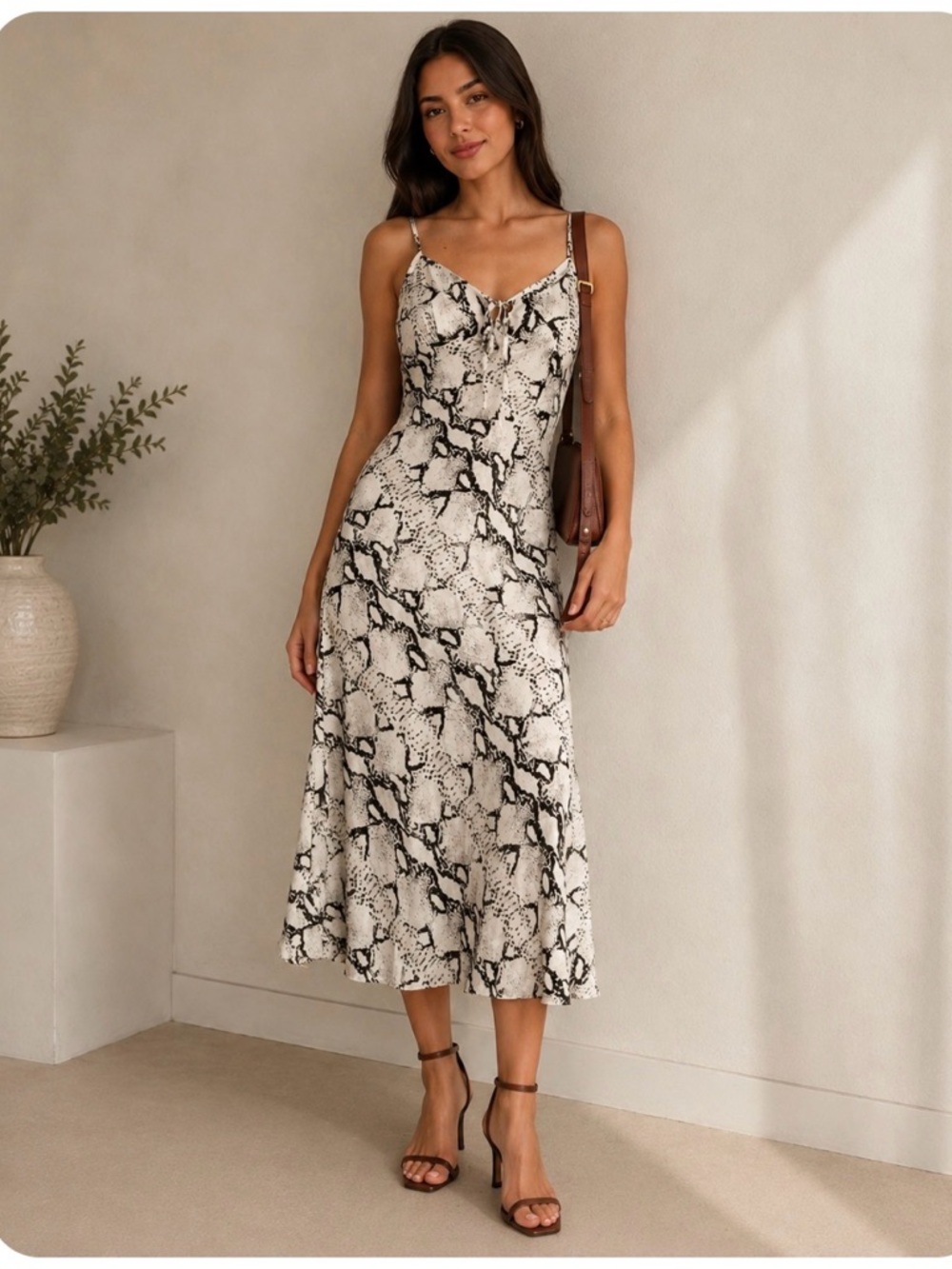 Sans Souci Black & White Snake-Print Slip Midi Dress/ woman’s L/ flattering